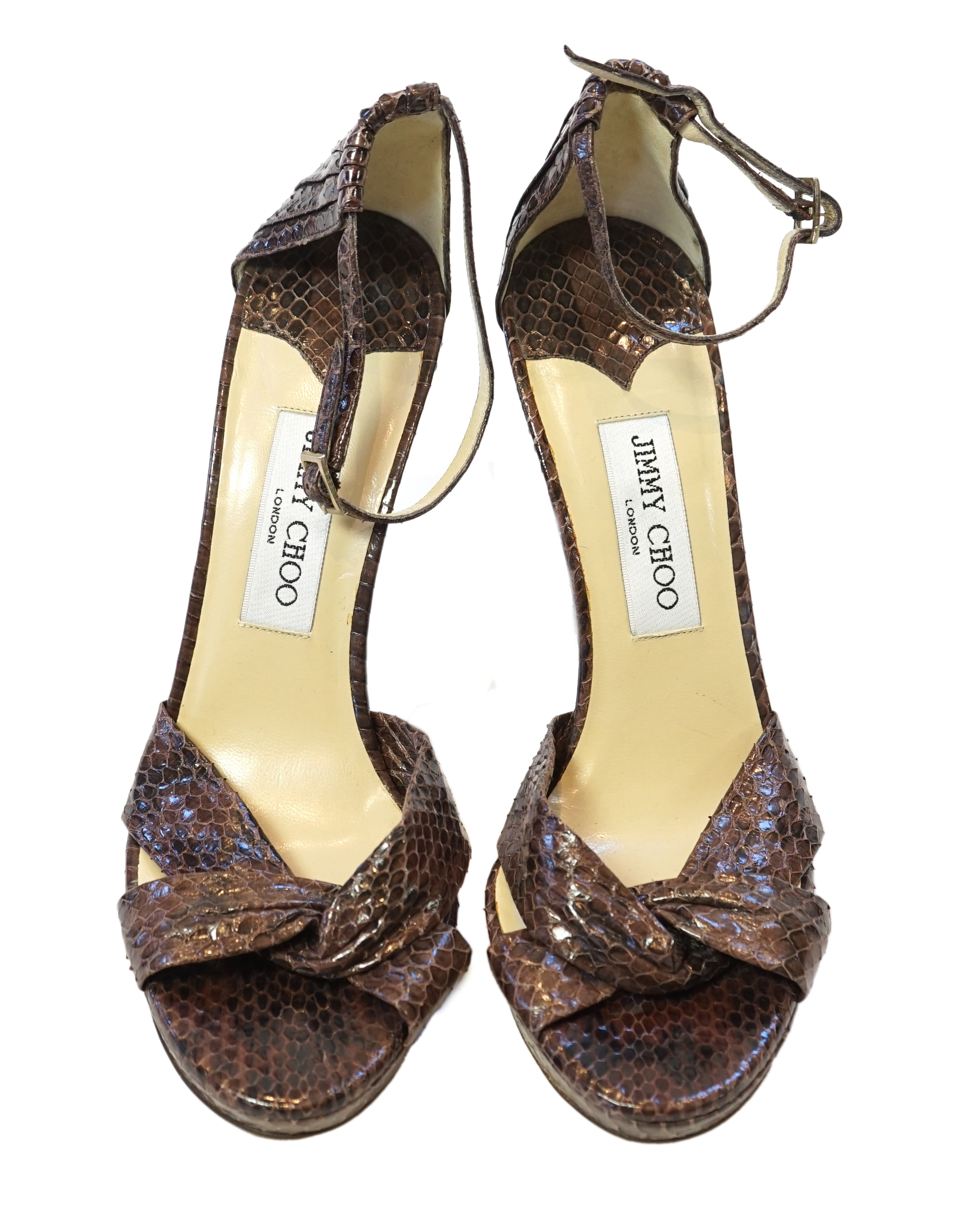 A pair of Jimmy Choo lady's brown snakeskin sandals, size EU 39